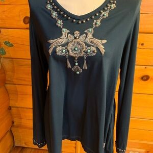 Double D Ranch Bird Necklace Motif Blue Long Sleeve Shirt Size Small